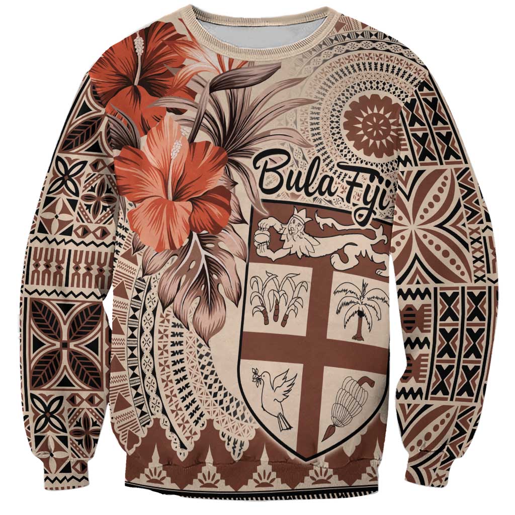 Vintage Bula Fiji Personalised Sweatshirt Beige Hibiscus Tapa Pattern