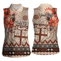 Vintage Bula Fiji Personalised Women Sleeveless Polo Shirt Beige Hibiscus Tapa Pattern