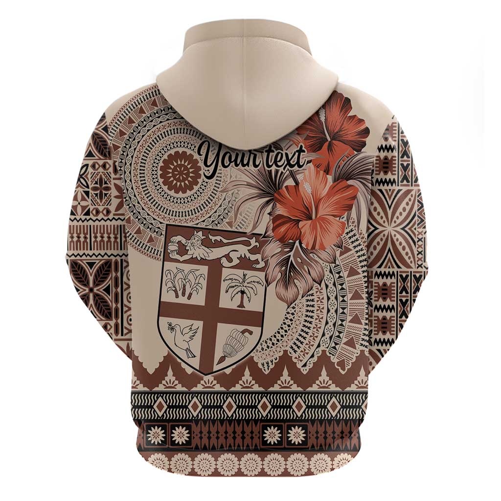 Vintage Bula Fiji Personalised Zip Hoodie Beige Hibiscus Tapa Pattern