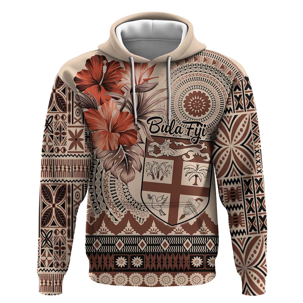 Vintage Bula Fiji Personalised Zip Hoodie Beige Hibiscus Tapa Pattern