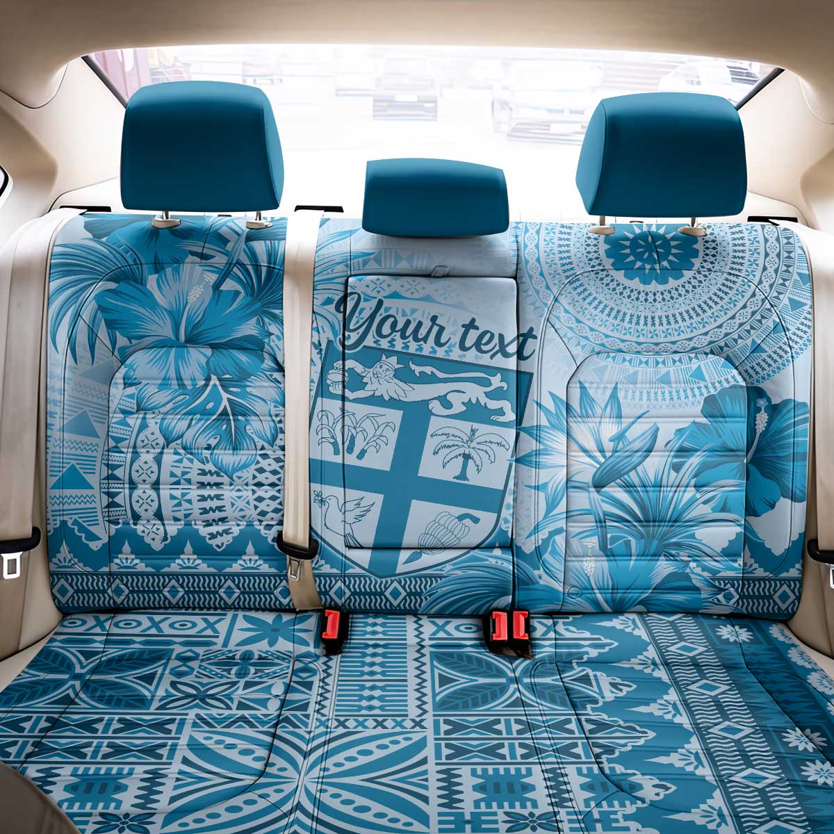 Vintage Bula Fiji Personalised Back Car Seat Cover Blue Hibiscus Tapa Pattern LT9