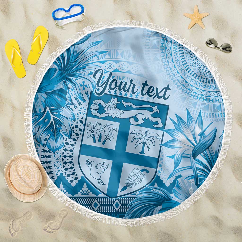 Vintage Bula Fiji Personalised Beach Blanket Blue Hibiscus Tapa Pattern LT9