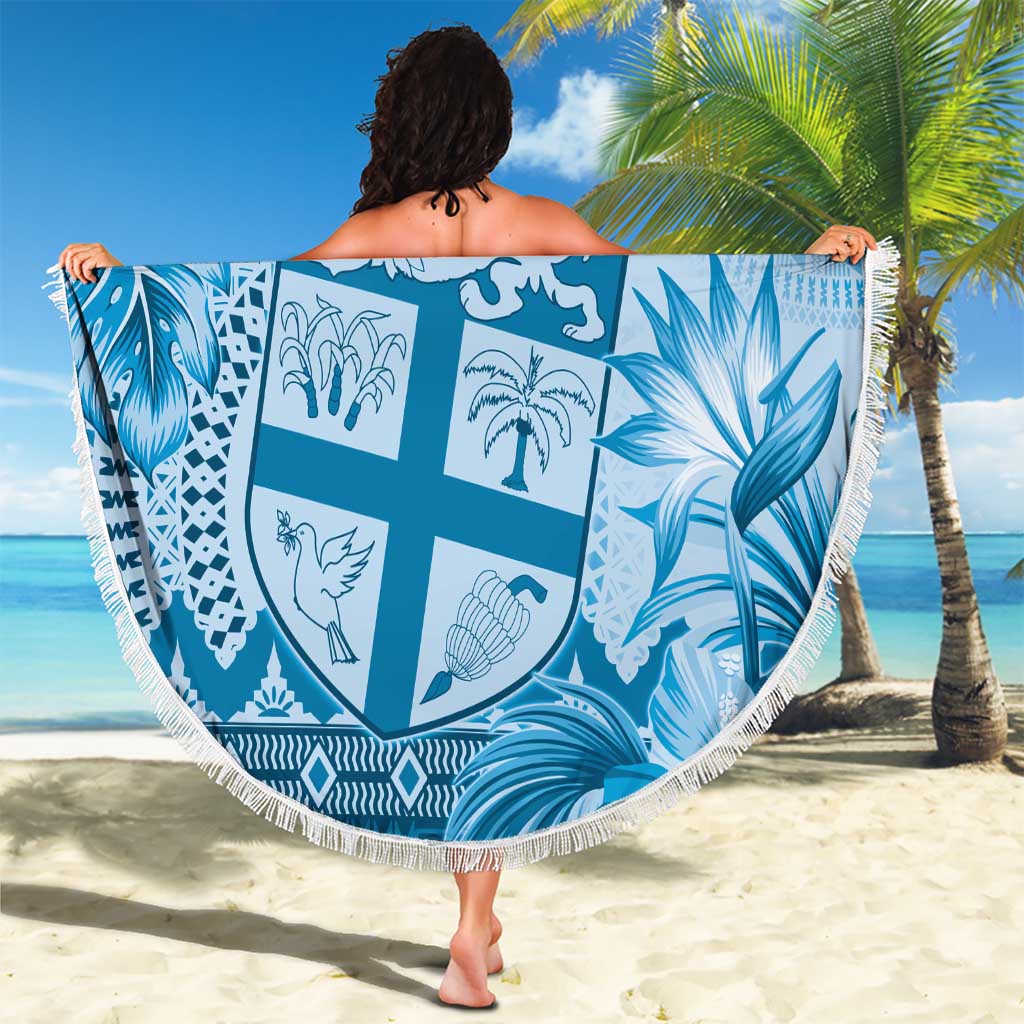 Vintage Bula Fiji Personalised Beach Blanket Blue Hibiscus Tapa Pattern LT9
