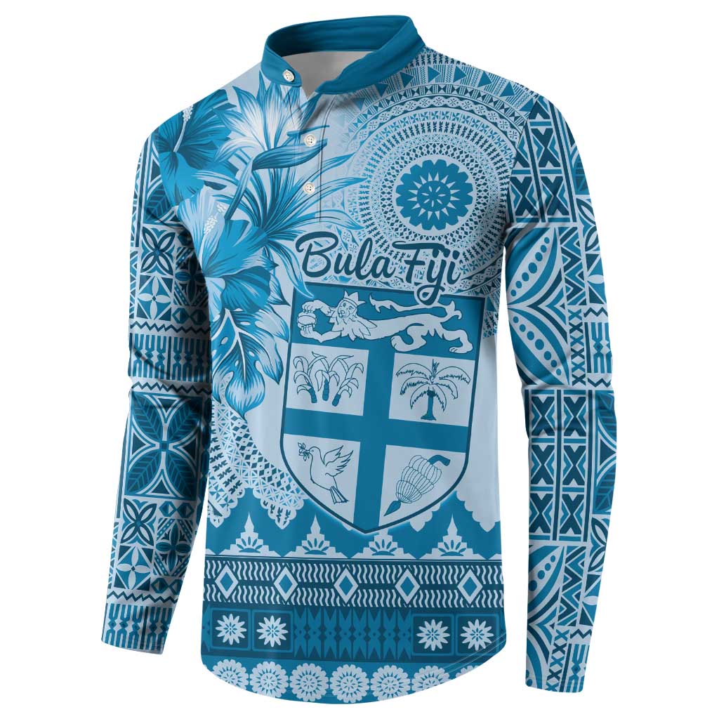 Vintage Bula Fiji Personalised Button Sweatshirt Blue Hibiscus Tapa Pattern