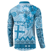 Vintage Bula Fiji Personalised Button Sweatshirt Blue Hibiscus Tapa Pattern