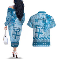 Vintage Bula Fiji Personalised Couples Matching Off The Shoulder Long Sleeve Dress and Hawaiian Shirt Blue Hibiscus Tapa Pattern
