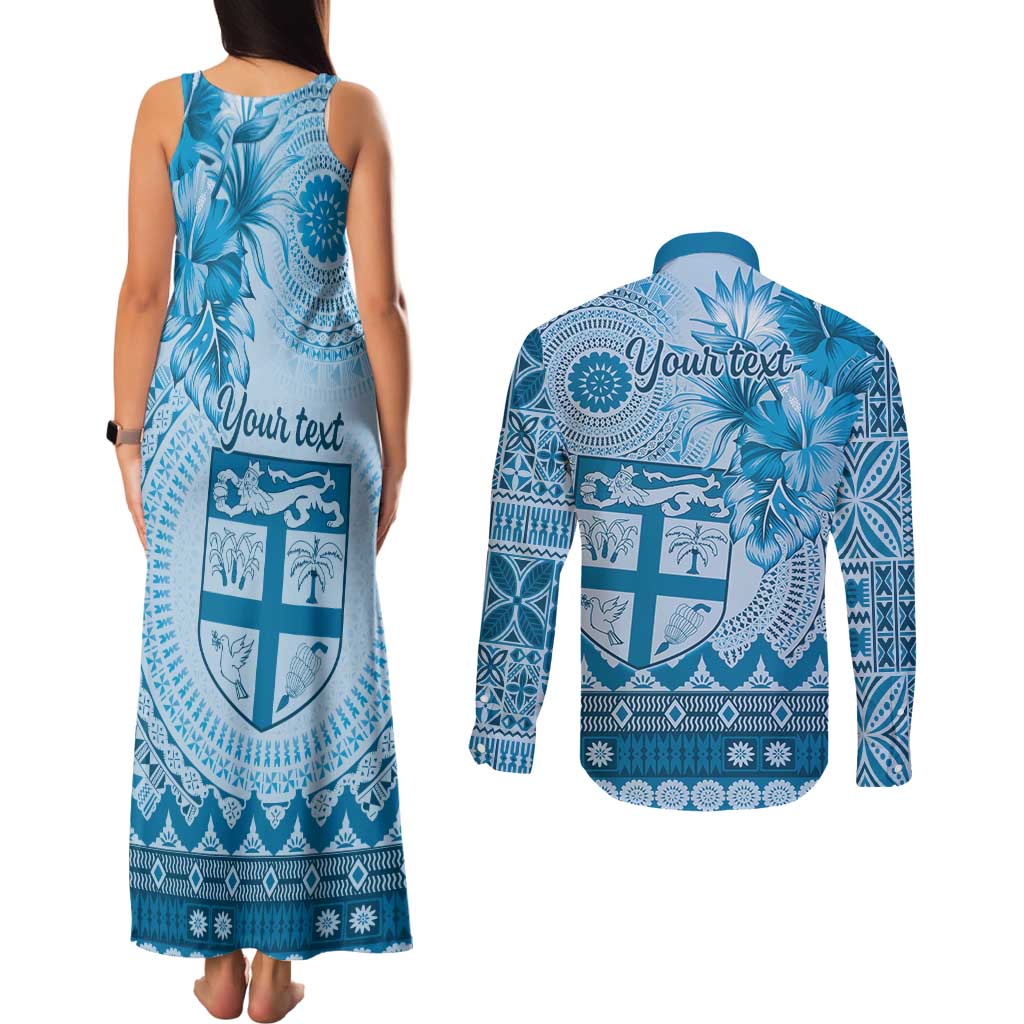 Vintage Bula Fiji Personalised Couples Matching Tank Maxi Dress and Long Sleeve Button Shirt Blue Hibiscus Tapa Pattern