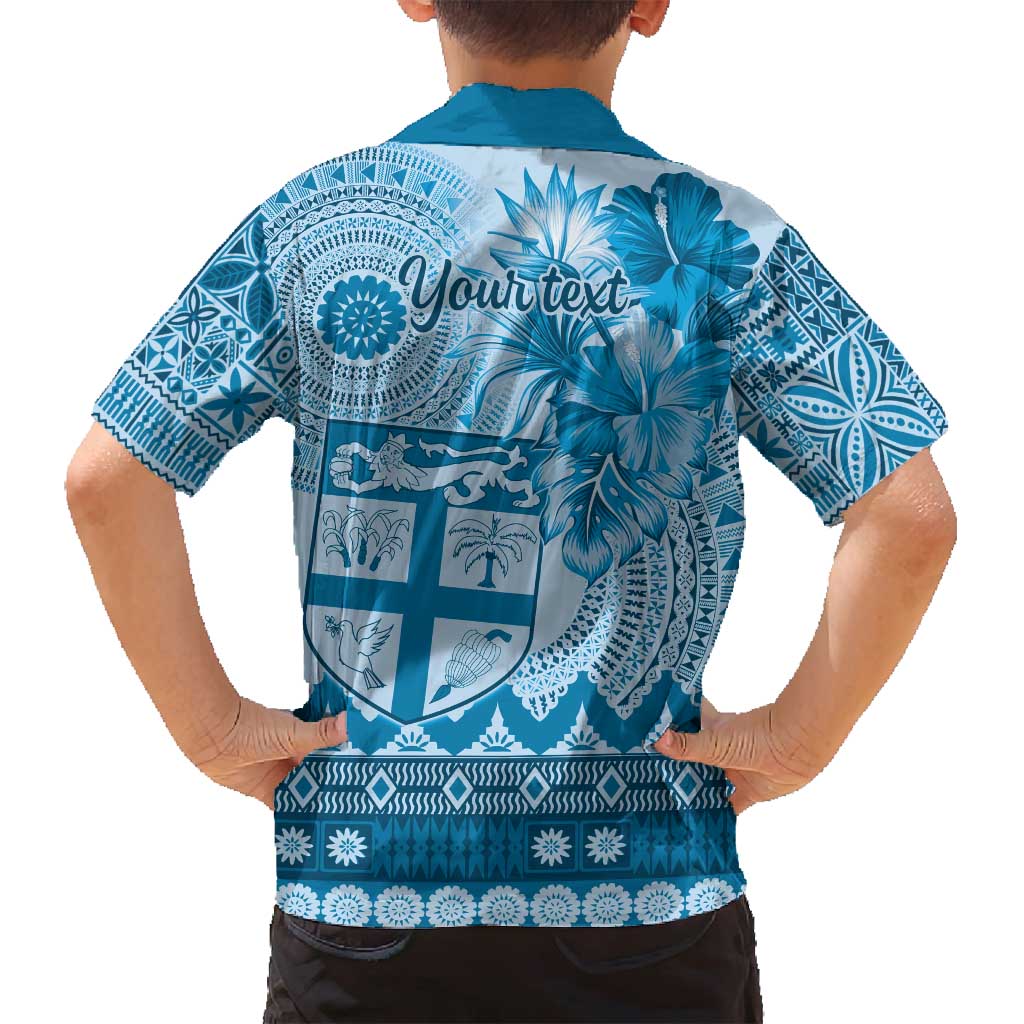 Vintage Bula Fiji Personalised Family Matching Long Sleeve Bodycon Dress and Hawaiian Shirt Blue Hibiscus Tapa Pattern