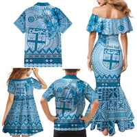 Vintage Bula Fiji Personalised Family Matching Mermaid Dress and Hawaiian Shirt Blue Hibiscus Tapa Pattern