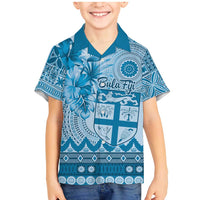 Vintage Bula Fiji Personalised Family Matching Mermaid Dress and Hawaiian Shirt Blue Hibiscus Tapa Pattern