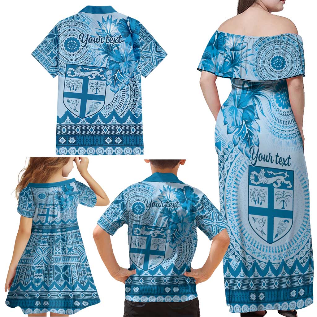 Vintage Bula Fiji Personalised Family Matching Off Shoulder Maxi Dress and Hawaiian Shirt Blue Hibiscus Tapa Pattern