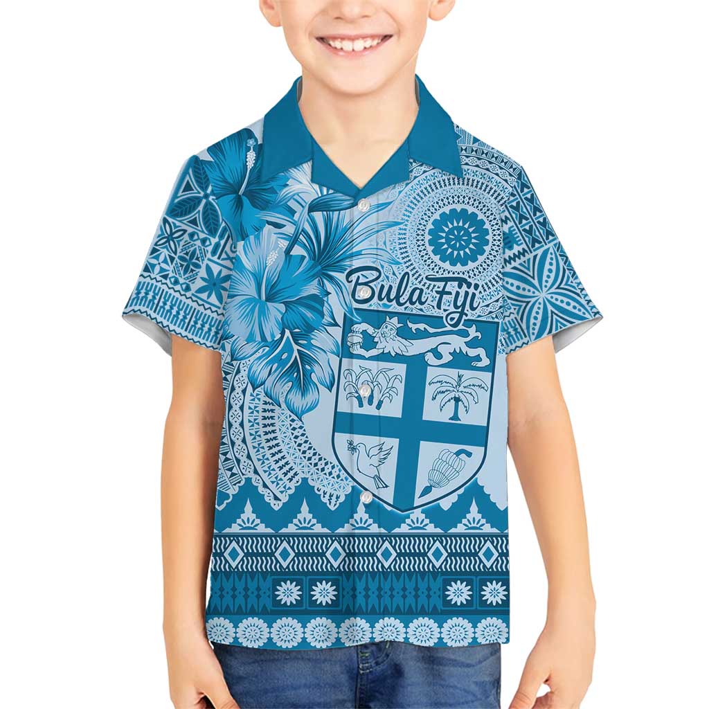 Vintage Bula Fiji Personalised Family Matching Off Shoulder Maxi Dress and Hawaiian Shirt Blue Hibiscus Tapa Pattern