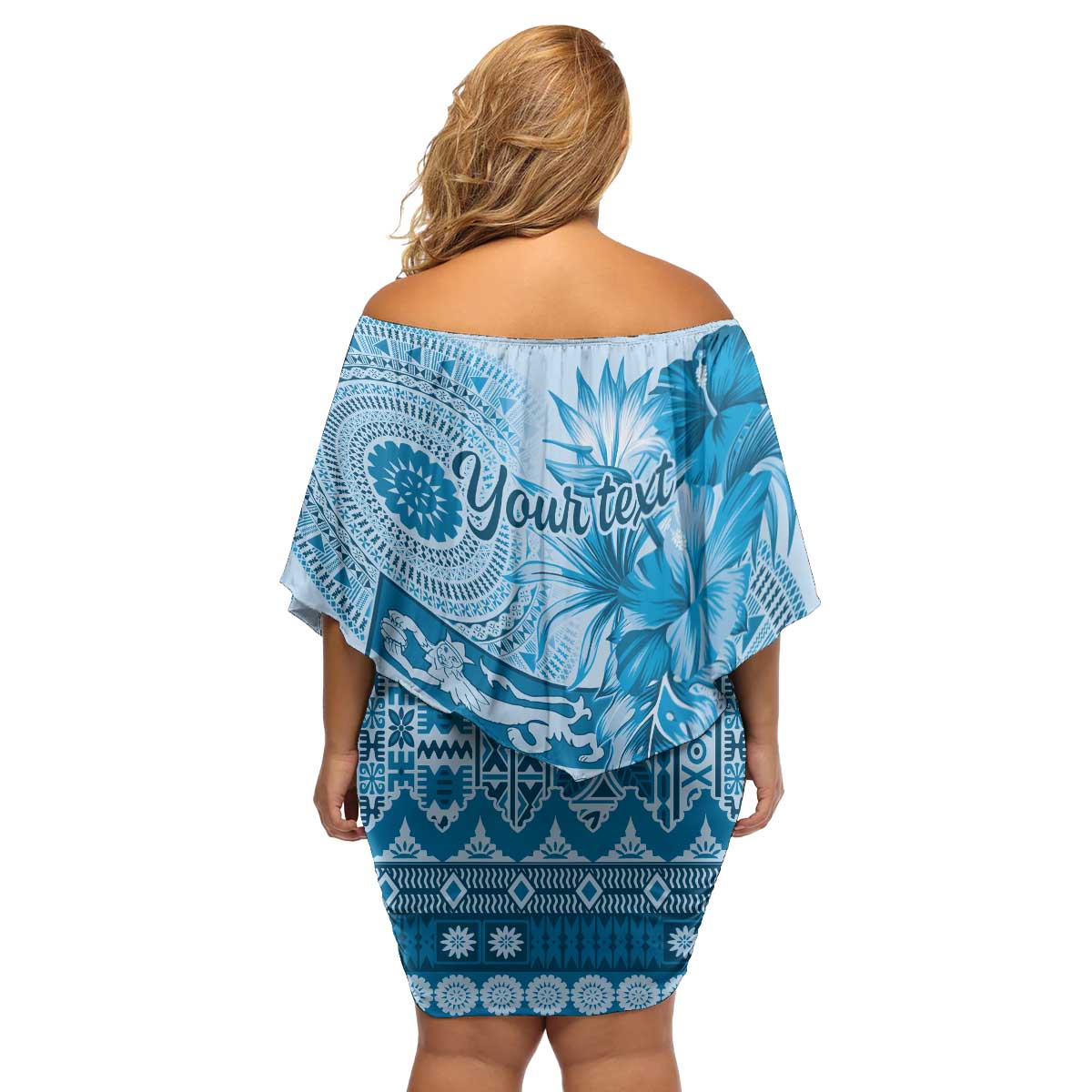 Vintage Bula Fiji Personalised Family Matching Off Shoulder Short Dress and Hawaiian Shirt Blue Hibiscus Tapa Pattern