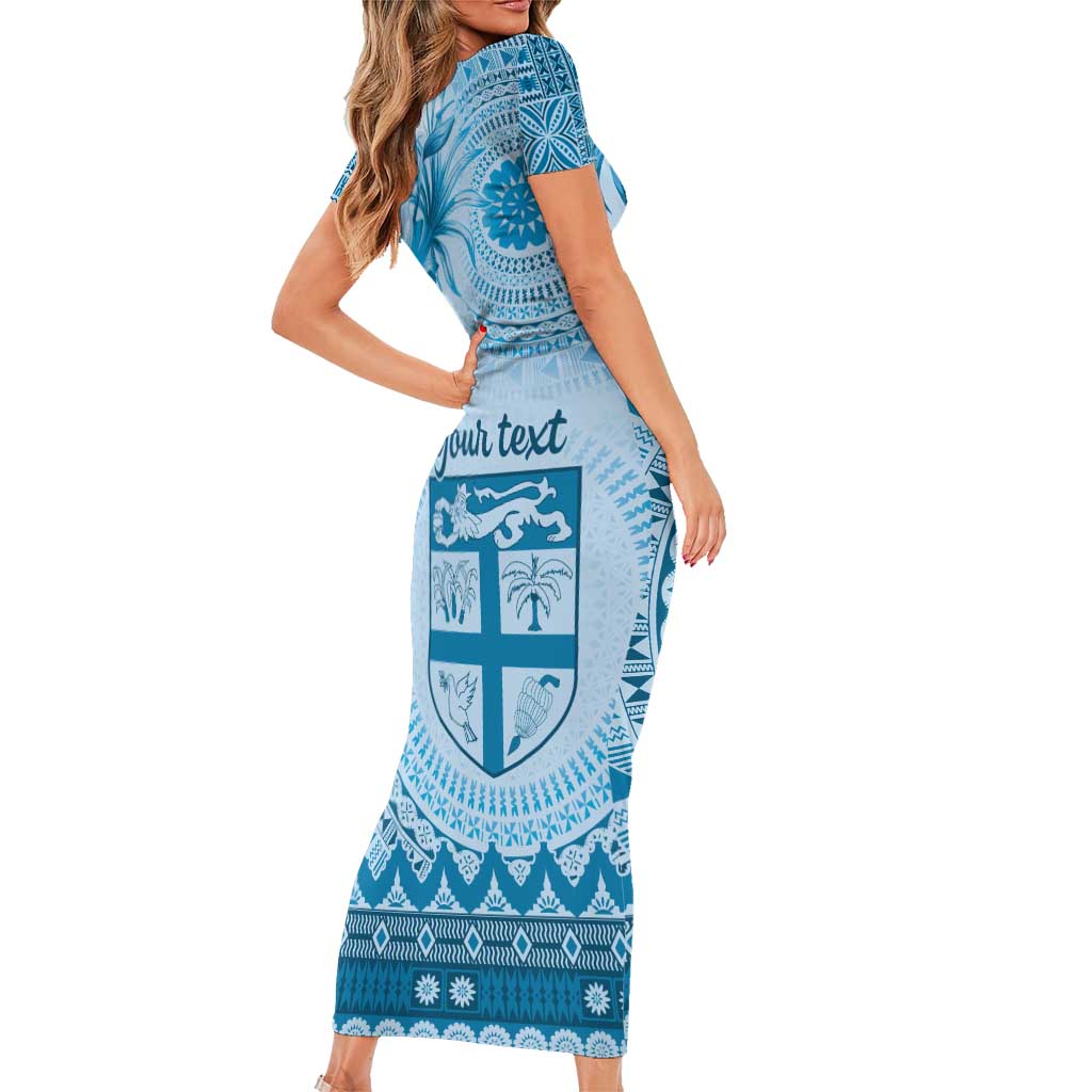 Vintage Bula Fiji Personalised Family Matching Short Sleeve Bodycon Dress and Hawaiian Shirt Blue Hibiscus Tapa Pattern