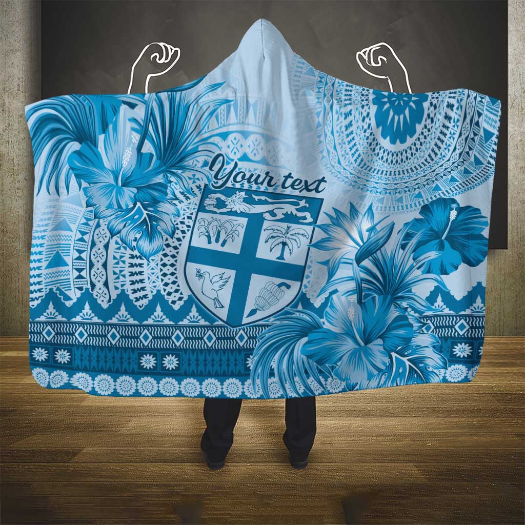 Vintage Bula Fiji Personalised Hooded Blanket Blue Hibiscus Tapa Pattern LT9