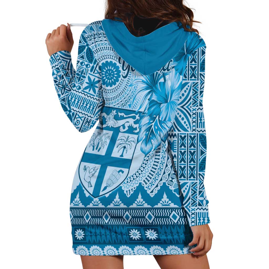 Vintage Bula Fiji Personalised Hoodie Dress Blue Hibiscus Tapa Pattern