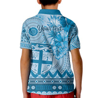 Vintage Bula Fiji Personalised Kid Polo Shirt Blue Hibiscus Tapa Pattern