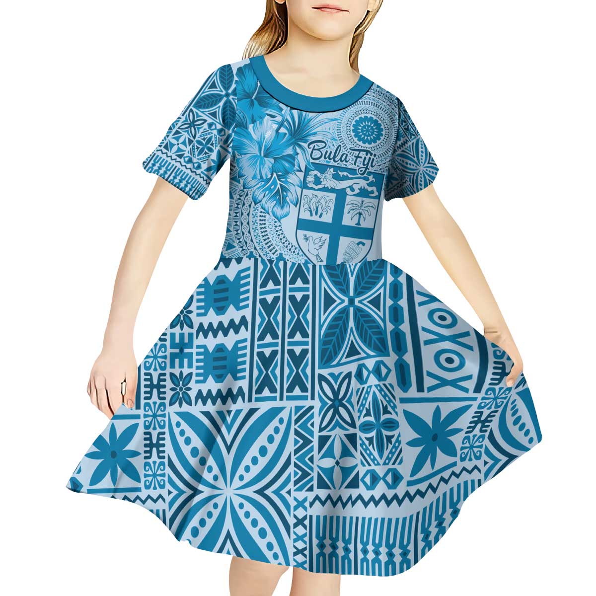 Vintage Bula Fiji Personalised Kid Short Sleeve Dress Blue Hibiscus Tapa Pattern