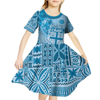 Vintage Bula Fiji Personalised Kid Short Sleeve Dress Blue Hibiscus Tapa Pattern