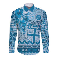 Vintage Bula Fiji Personalised Long Sleeve Button Shirt Blue Hibiscus Tapa Pattern