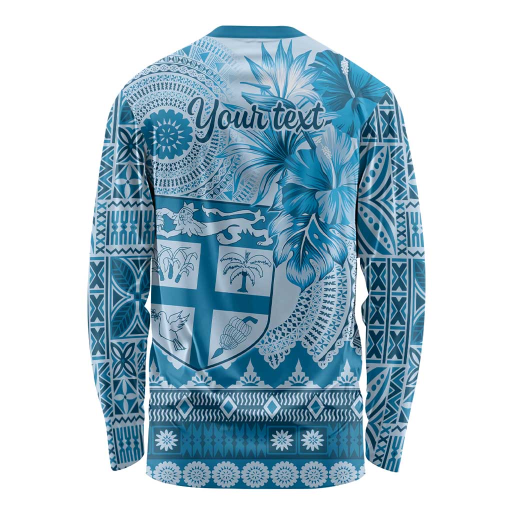 Vintage Bula Fiji Personalised Long Sleeve Shirt Blue Hibiscus Tapa Pattern
