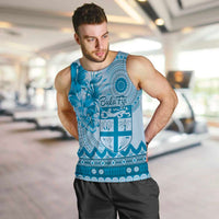 Vintage Bula Fiji Personalised Men Tank Top Blue Hibiscus Tapa Pattern LT9 Blue - Polynesian Pride