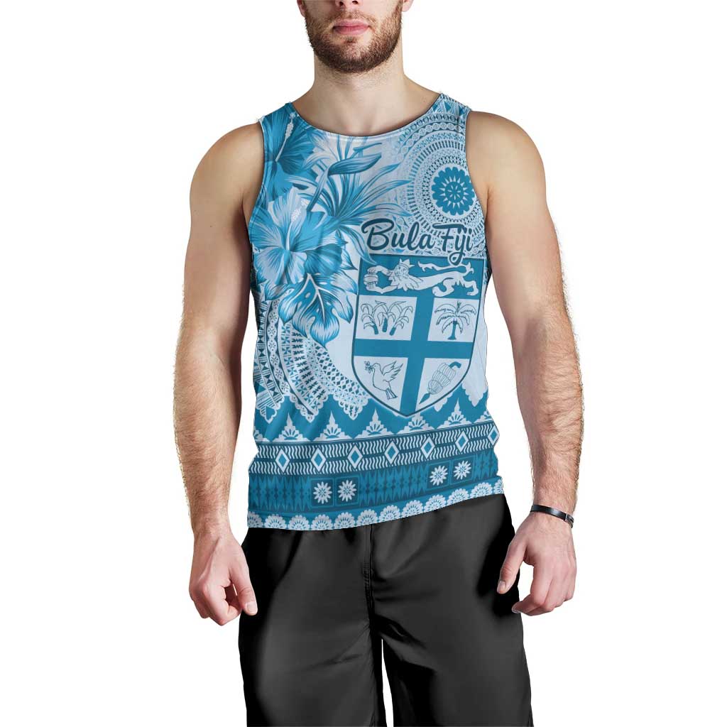Vintage Bula Fiji Personalised Men Tank Top Blue Hibiscus Tapa Pattern LT9 - Polynesian Pride