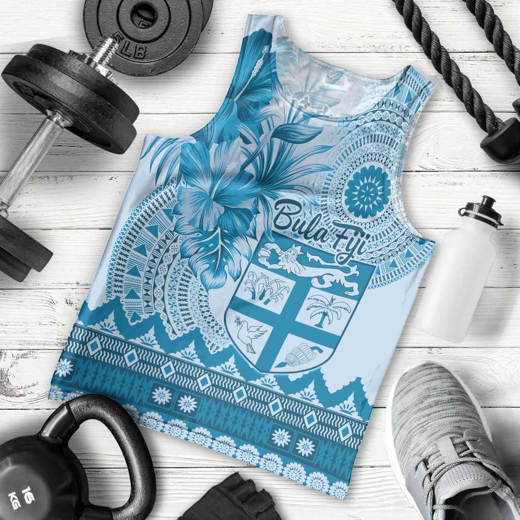 Vintage Bula Fiji Personalised Men Tank Top Blue Hibiscus Tapa Pattern LT9 - Polynesian Pride