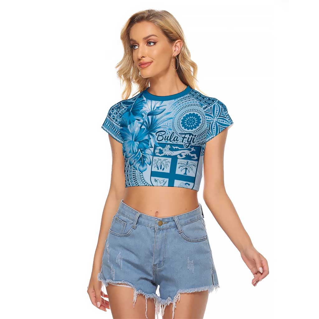 Vintage Bula Fiji Personalised Raglan Cropped T Shirt Blue Hibiscus Tapa Pattern