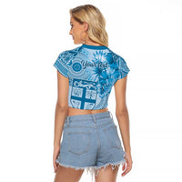 Vintage Bula Fiji Personalised Raglan Cropped T Shirt Blue Hibiscus Tapa Pattern