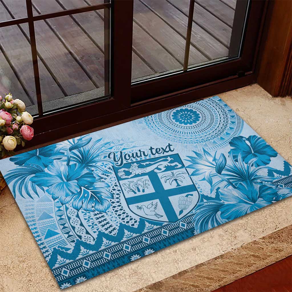 Vintage Bula Fiji Personalised Rubber Doormat Blue Hibiscus Tapa Pattern LT9