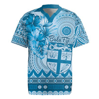 Vintage Bula Fiji Personalised Rugby Jersey Blue Hibiscus Tapa Pattern