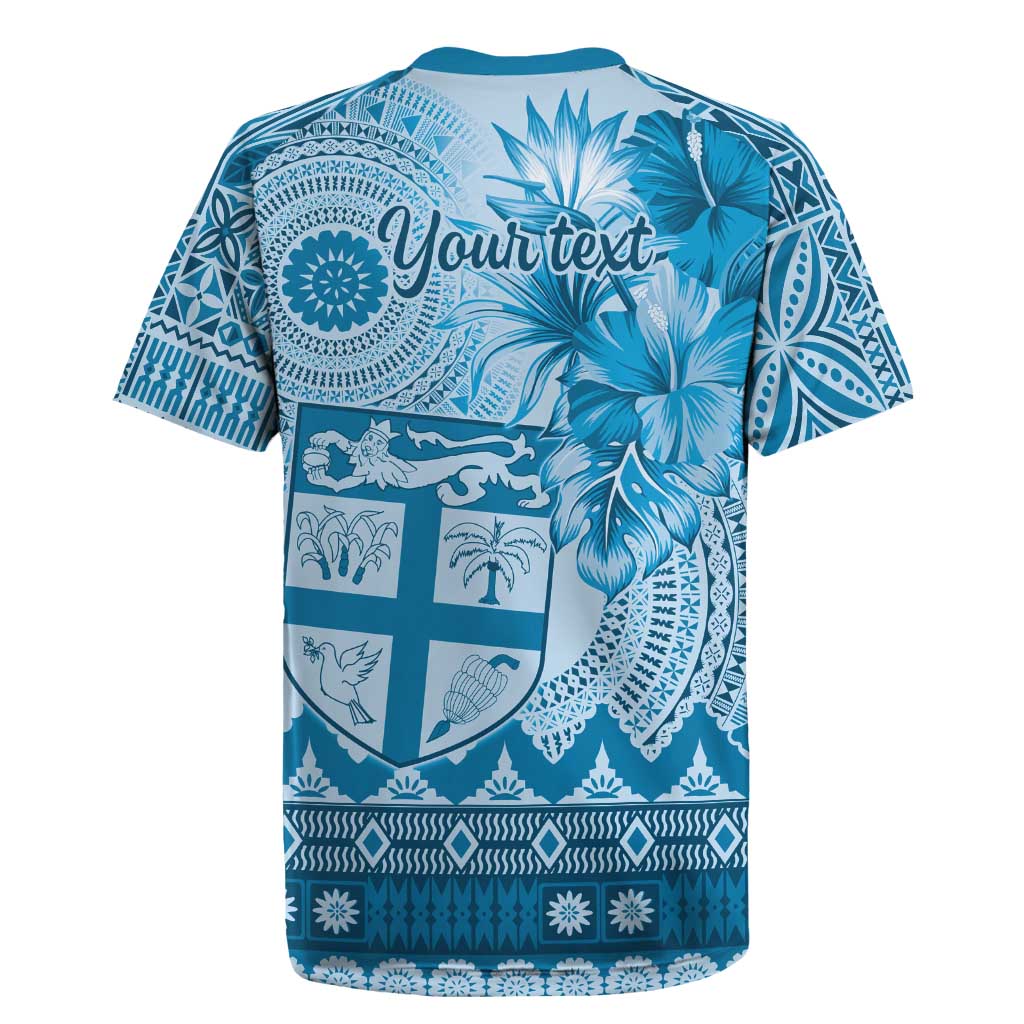Vintage Bula Fiji Personalised Rugby Jersey Blue Hibiscus Tapa Pattern