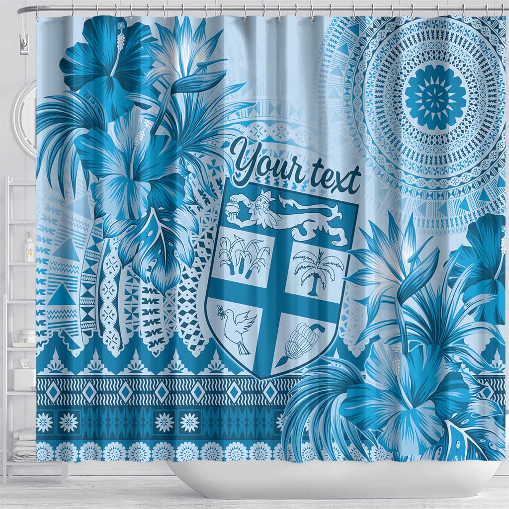 Vintage Bula Fiji Personalised Shower Curtain Blue Hibiscus Tapa Pattern LT9