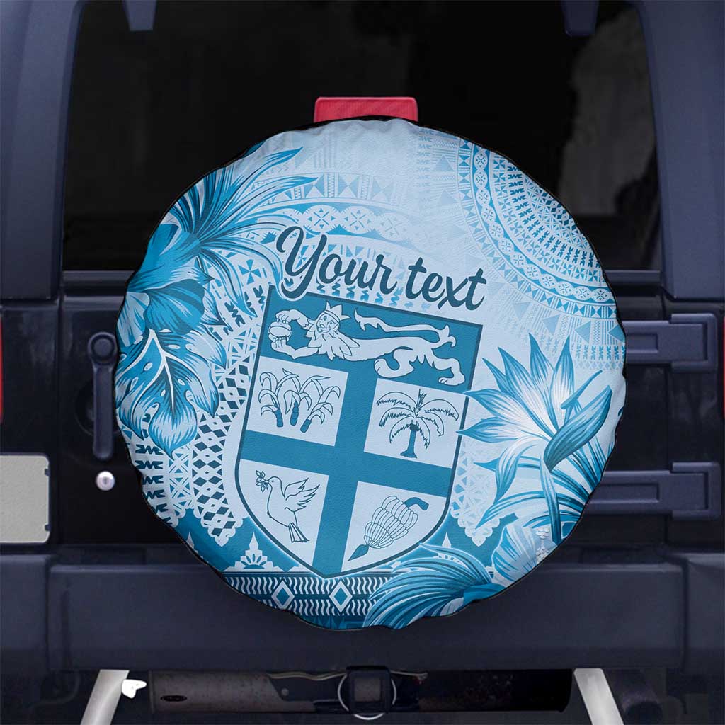 Vintage Bula Fiji Personalised Spare Tire Cover Blue Hibiscus Tapa Pattern LT9 No hole Blue - Polynesian Pride