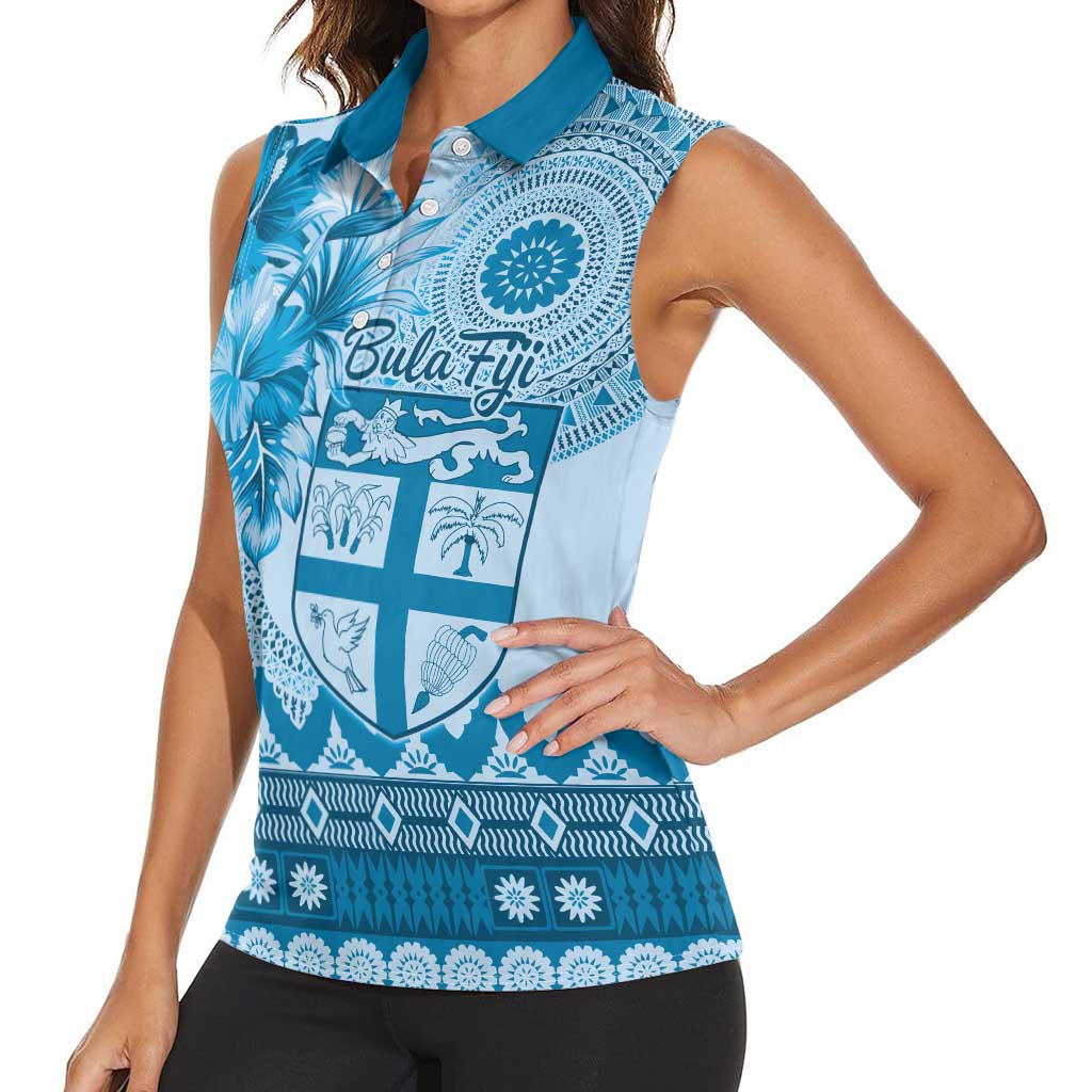 Vintage Bula Fiji Personalised Women Sleeveless Polo Shirt Blue Hibiscus Tapa Pattern