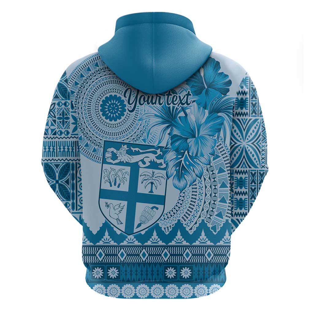 Vintage Bula Fiji Personalised Zip Hoodie Blue Hibiscus Tapa Pattern