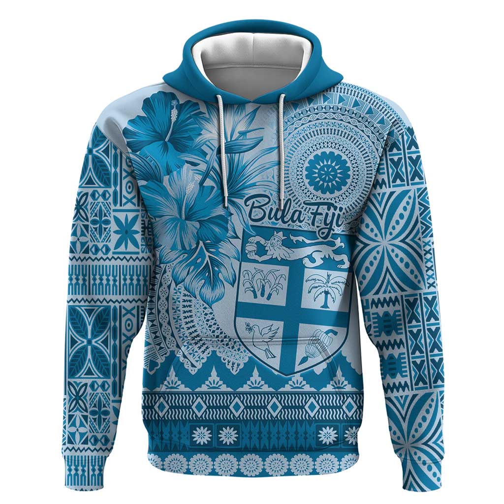 Vintage Bula Fiji Personalised Zip Hoodie Blue Hibiscus Tapa Pattern