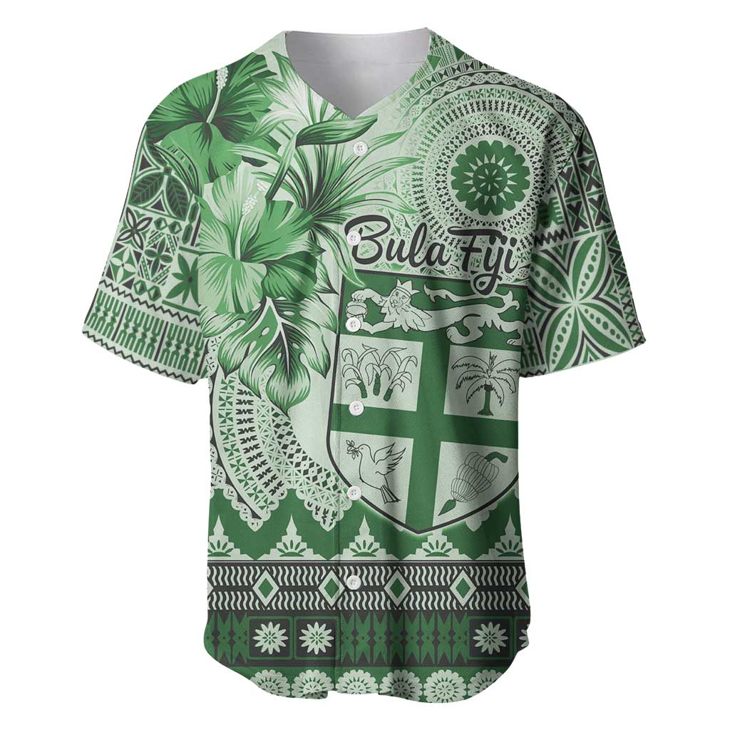 Vintage Bula Fiji Personalised Baseball Jersey Green Hibiscus Tapa Pattern LT9 Green - Polynesian Pride