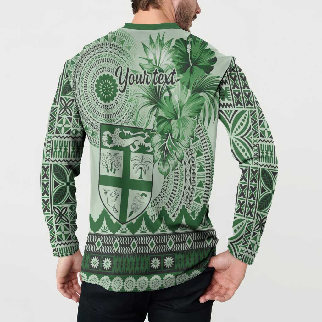 Vintage Bula Fiji Personalised Button Sweatshirt Green Hibiscus Tapa Pattern