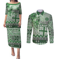 Vintage Bula Fiji Personalised Couples Matching Puletasi and Long Sleeve Button Shirt Green Hibiscus Tapa Pattern
