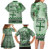 Vintage Bula Fiji Personalised Family Matching Long Sleeve Bodycon Dress and Hawaiian Shirt Green Hibiscus Tapa Pattern