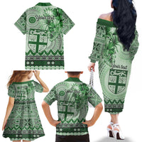 Vintage Bula Fiji Personalised Family Matching Off The Shoulder Long Sleeve Dress and Hawaiian Shirt Green Hibiscus Tapa Pattern
