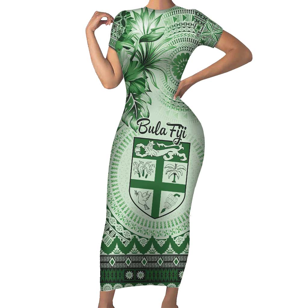 Vintage Bula Fiji Personalised Family Matching Short Sleeve Bodycon Dress and Hawaiian Shirt Green Hibiscus Tapa Pattern