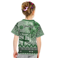 Vintage Bula Fiji Personalised Kid T Shirt Green Hibiscus Tapa Pattern