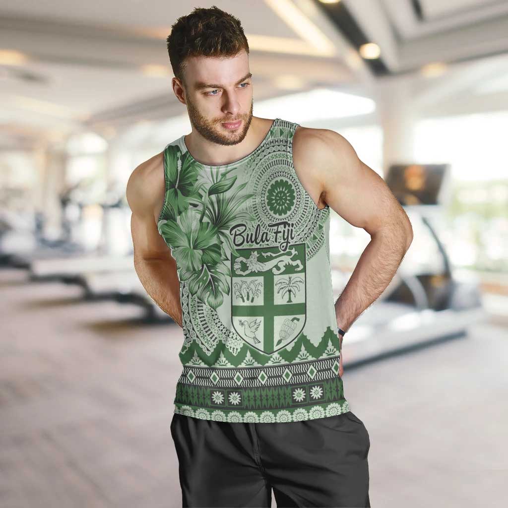 Vintage Bula Fiji Personalised Men Tank Top Green Hibiscus Tapa Pattern LT9 Green - Polynesian Pride
