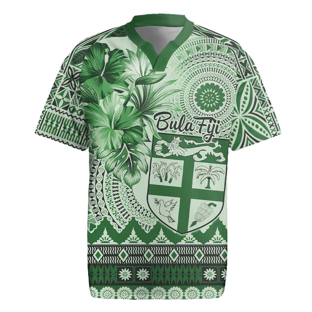 Vintage Bula Fiji Personalised Rugby Jersey Green Hibiscus Tapa Pattern
