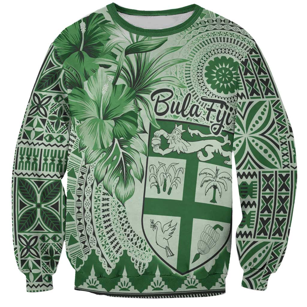 Vintage Bula Fiji Personalised Sweatshirt Green Hibiscus Tapa Pattern