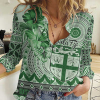 Vintage Bula Fiji Personalised Women Casual Shirt Green Hibiscus Tapa Pattern