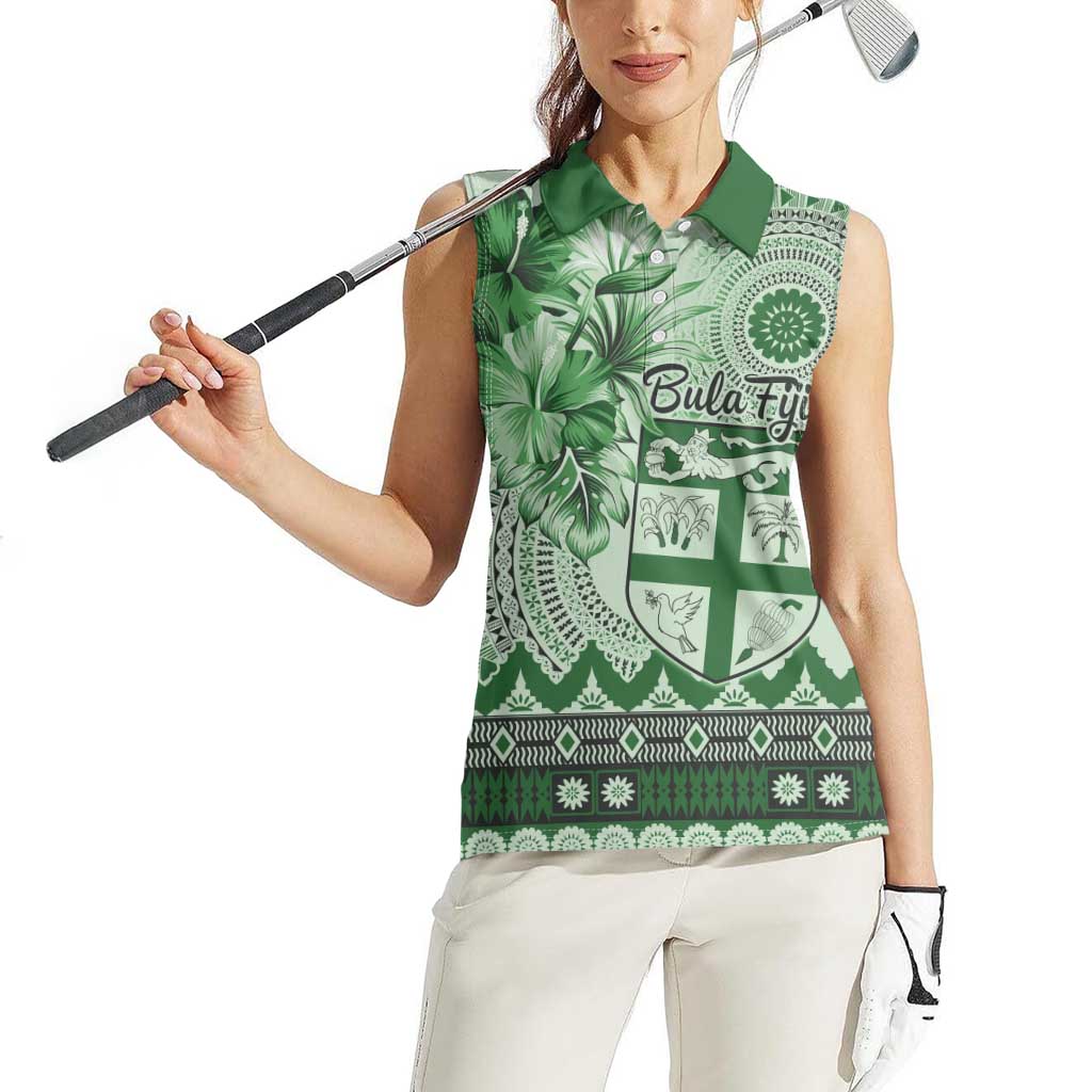 Vintage Bula Fiji Personalised Women Sleeveless Polo Shirt Green Hibiscus Tapa Pattern